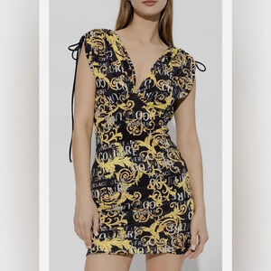 Versace Jeans Couture Logo Print Black and Gold Mini Dress Size 8